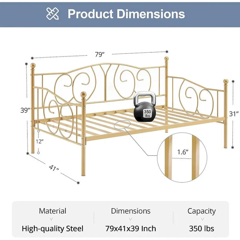 Twin Metal Daybed Frame with Slats, Classic Mattress Foundation, No Box Spring Needed