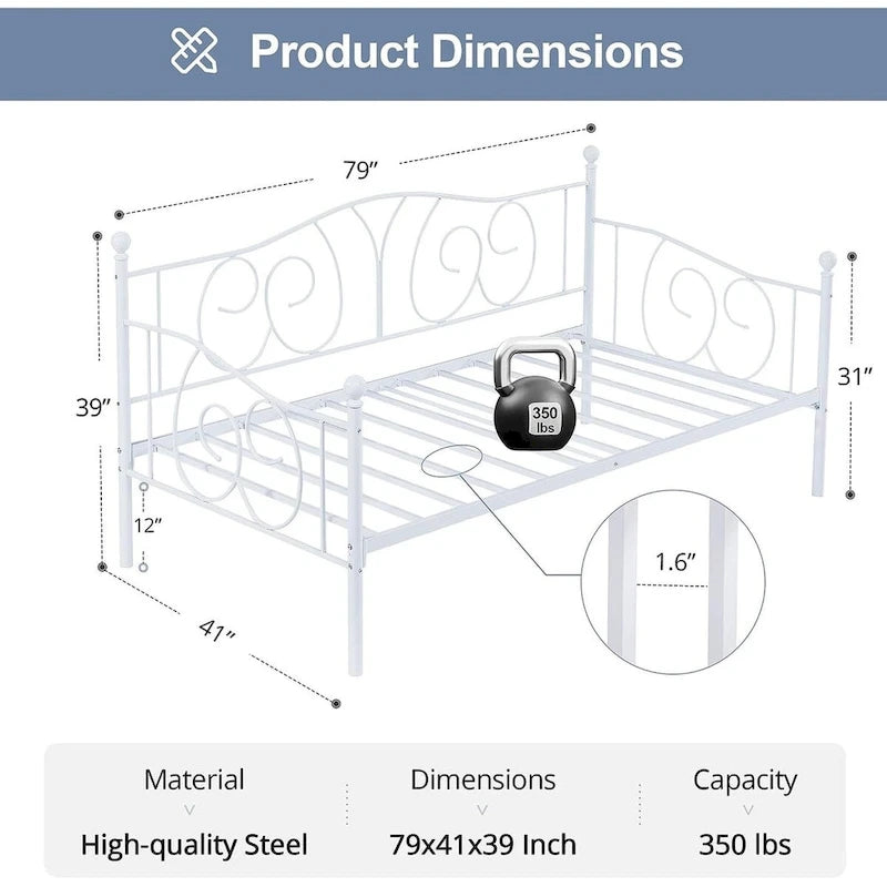 Twin Metal Daybed Frame with Slats, Classic Mattress Foundation, No Box Spring Needed
